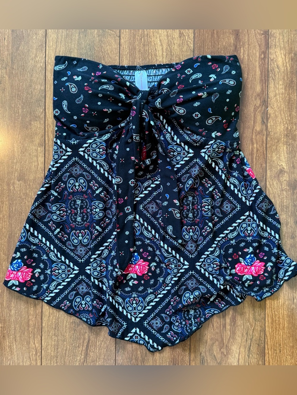No Boundaries Juniors' Print Tie Front Strapless Top-Size M